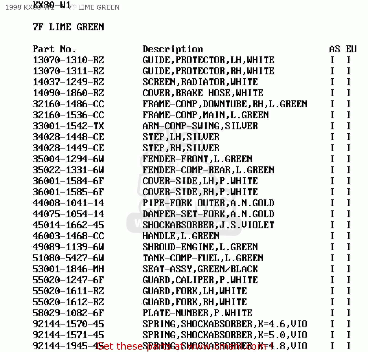 1998 KX80-W1      7F LIME GREEN KX80-W2 KX80II 1999 EUROPE