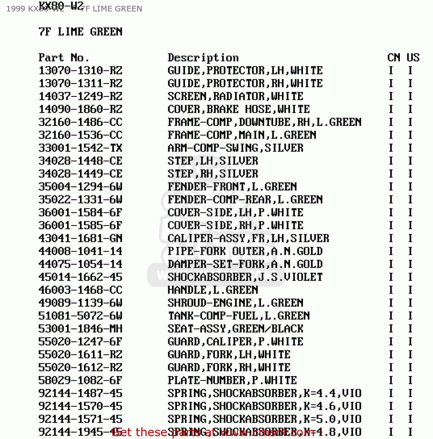1999 KX80-W2      7F LIME GREEN KX80-W3 2000 USA CANADA