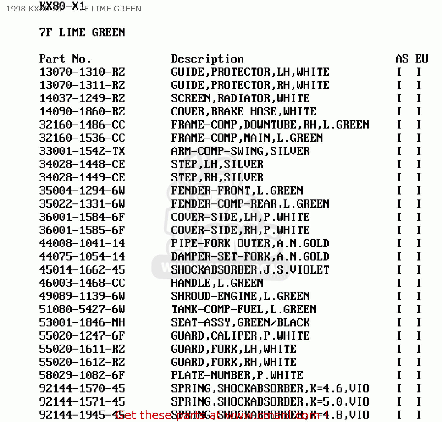 1998 KX80-X1      7F LIME GREEN KX80-X1 KX80II 1998 EUROPE AS