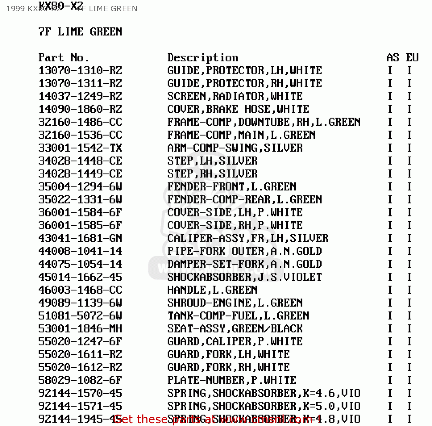 1999 KX80-X2      7F LIME GREEN KX80-X1 KX80II 1998 EUROPE AS
