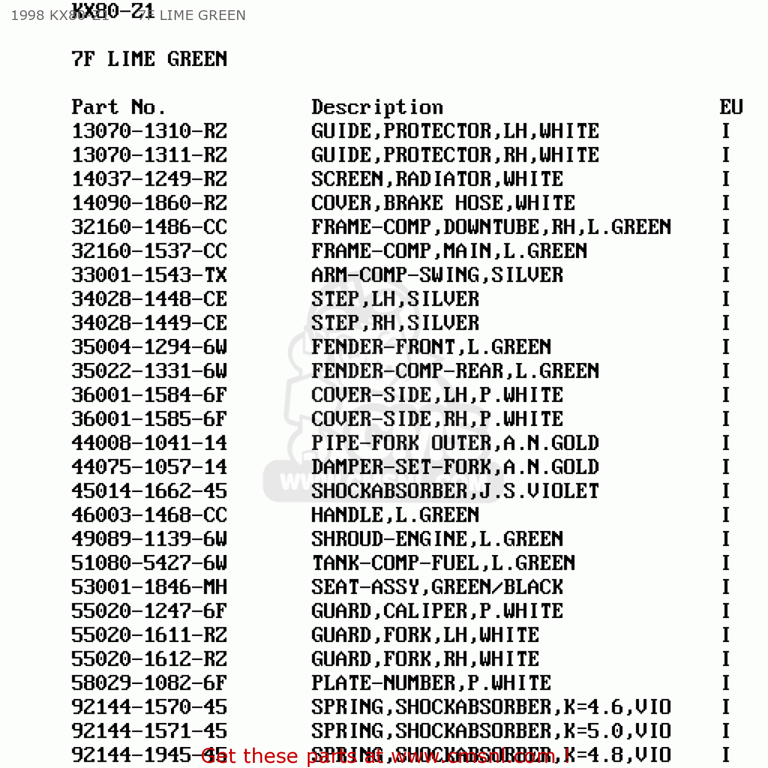 1998 KX80-Z1      7F LIME GREEN KX80-X2 KX80II 1999 EUROPE AS