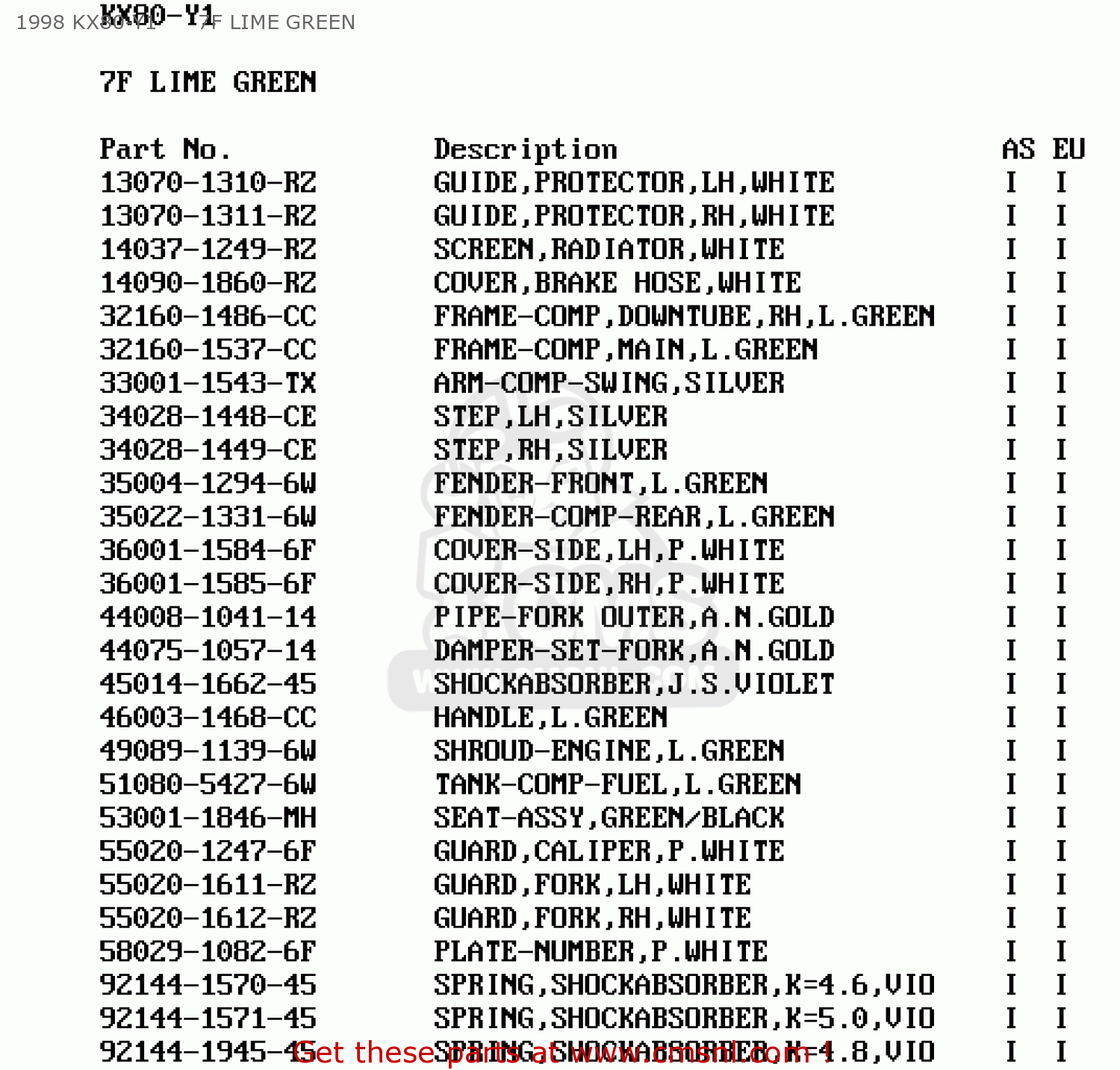 1998 KX80-Y1      7F LIME GREEN KX80-Y1 KX80II 1998 EUROPE AS