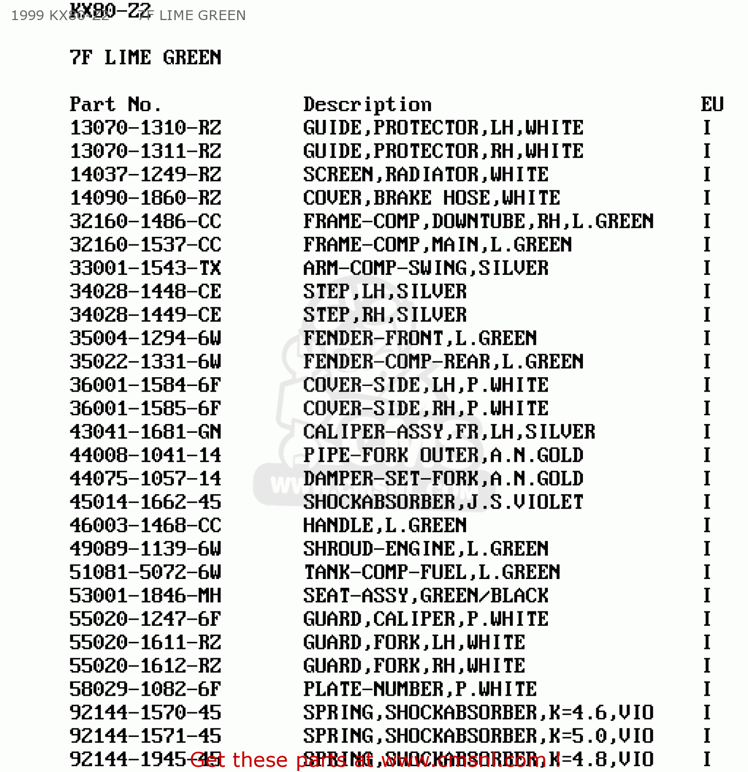 1999 KX80-Z2      7F LIME GREEN KX80-Z1 KX80II 1998 EUROPE