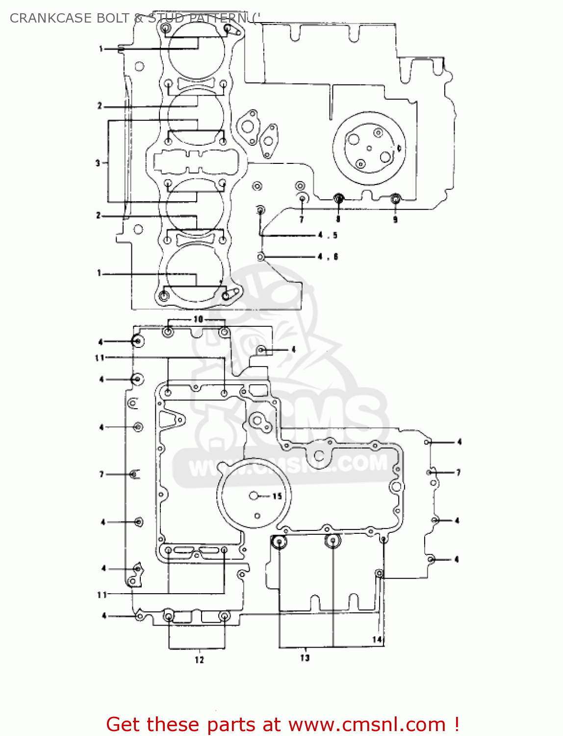 CRANKCASE BOLT & STUD PATTERN (' KZ1000B1 KZ1000 LTD 1977 USA CANADA