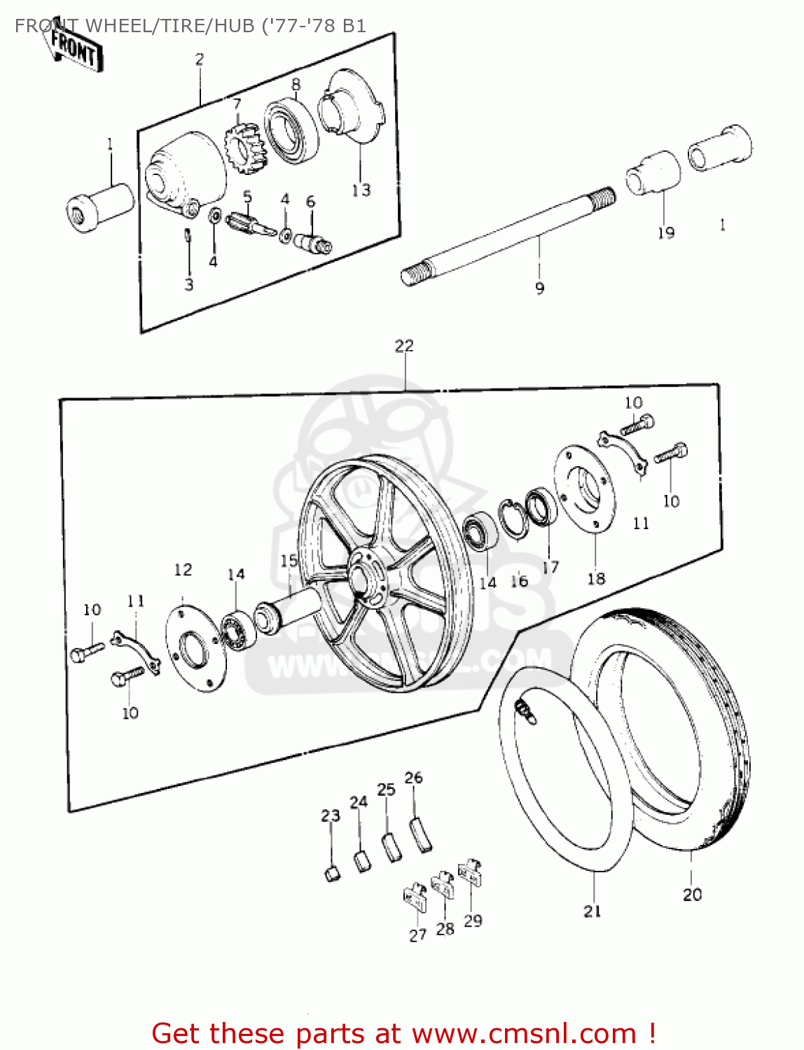 FRONT WHEEL/TIRE/HUB ('77-'78 B1 KZ1000B2 KZ1000 LTD 1978 USA CANADA