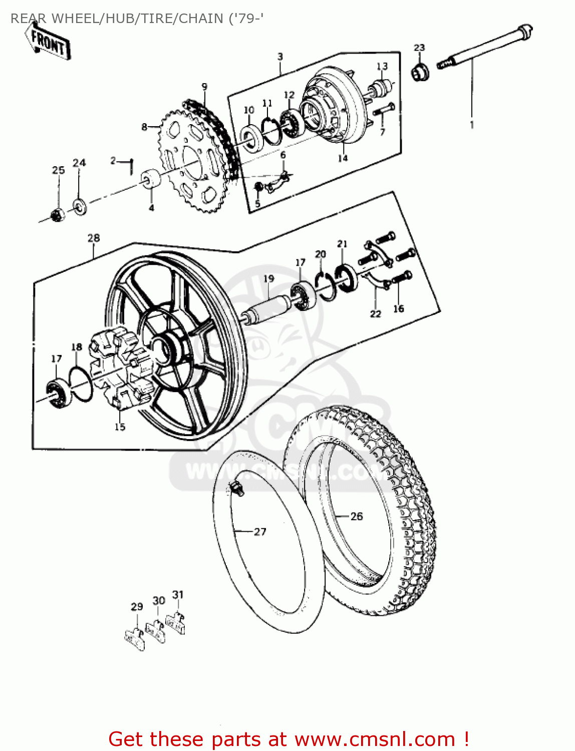 REAR WHEEL/HUB/TIRE/CHAIN ('79-' KZ1000B2 KZ1000 LTD 1978 USA CANADA