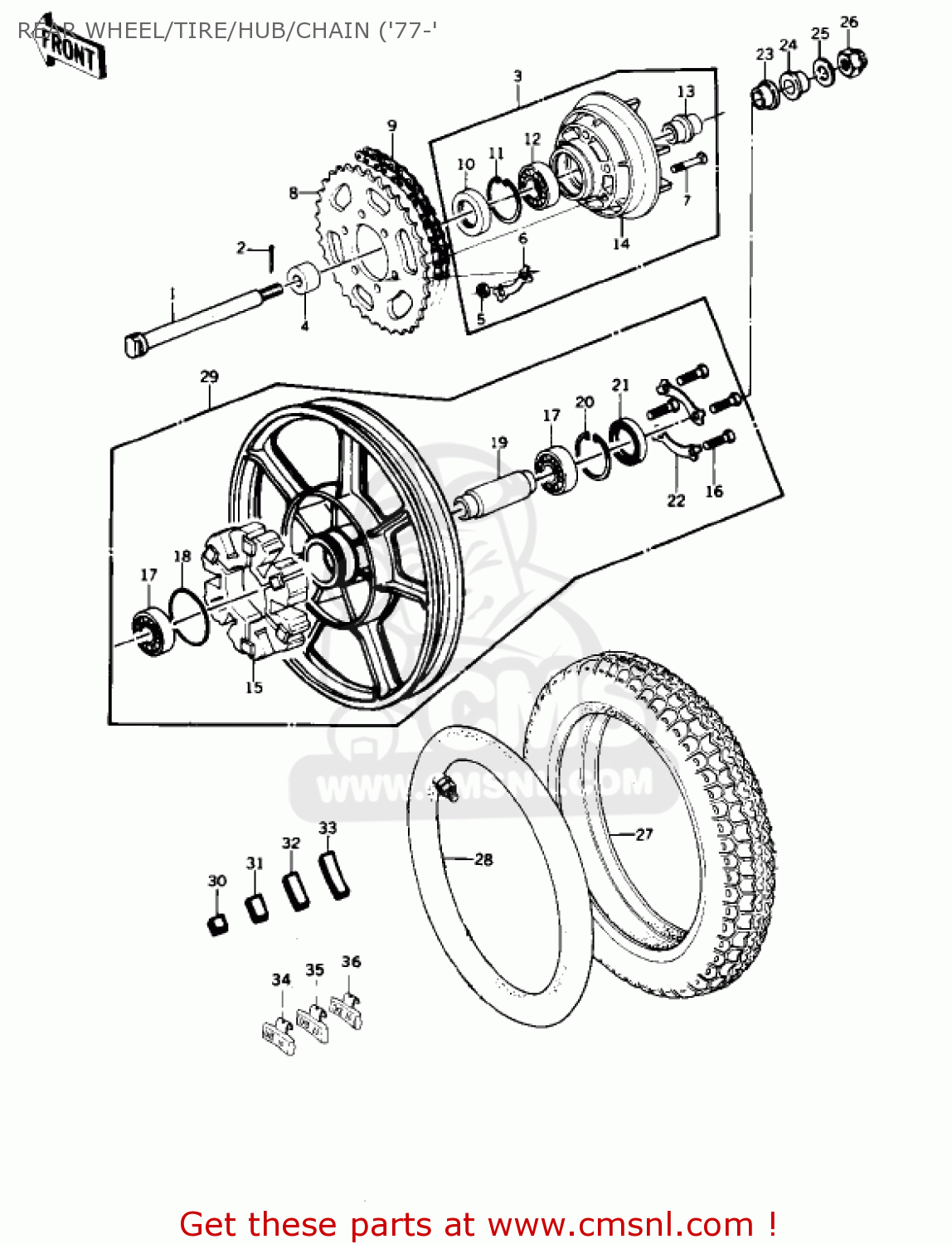 REAR WHEEL/TIRE/HUB/CHAIN ('77-' KZ1000B2 KZ1000 LTD 1978 USA CANADA