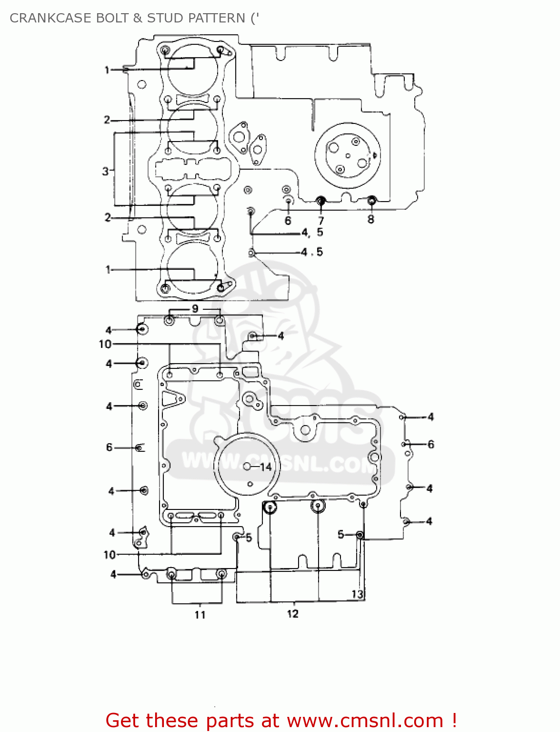 CRANKCASE BOLT & STUD PATTERN (' KZ1000B4 LTD 1980 USA CANADA