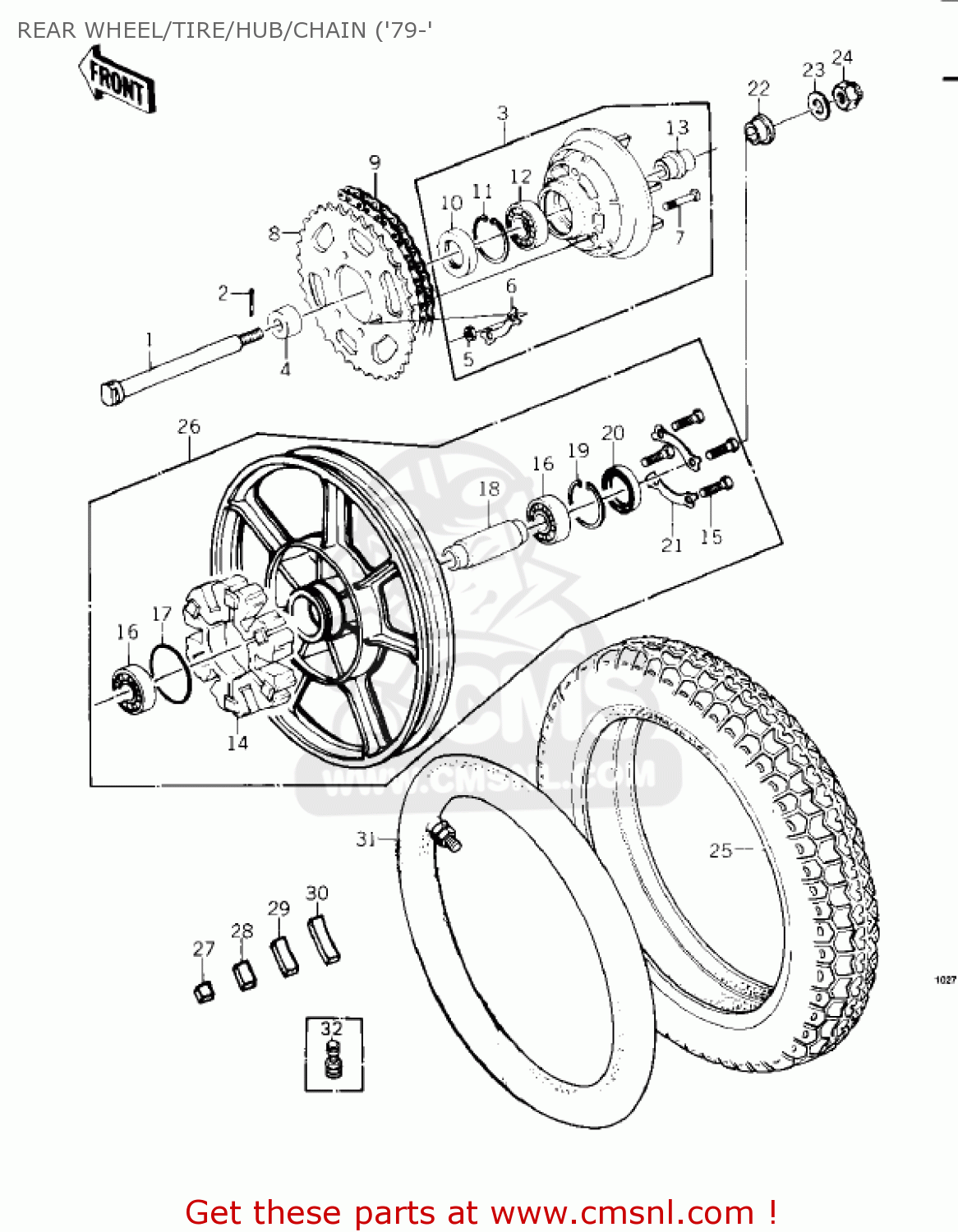 REAR WHEEL/TIRE/HUB/CHAIN ('79-' KZ1000C3 POLICE 1000 1980 USA CANADA