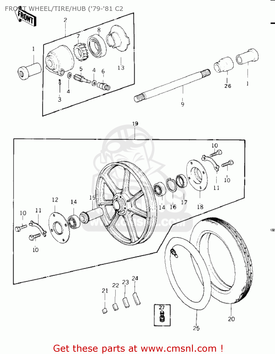 FRONT WHEEL/TIRE/HUB ('79-'81 C2 KZ1000C4 POLICE 1000 1981 USA CANADA