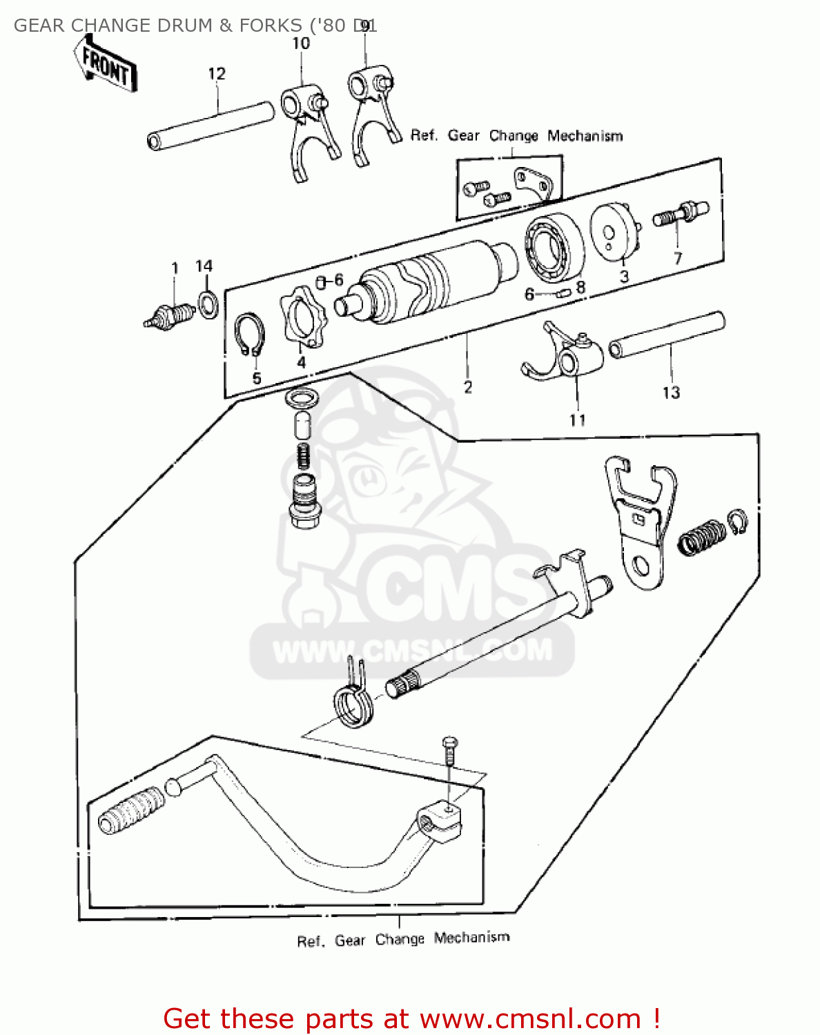 GEAR CHANGE DRUM & FORKS ('80 D1 KZ250D2 CSR 1981 USA CANADA / MPH KPH