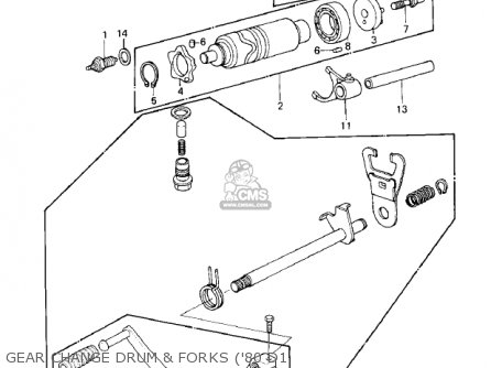 GEAR CHANGE DRUM & FORKS ('80 D1 - KZ250D2 CSR 1981 USA CANADA / MPH KPH