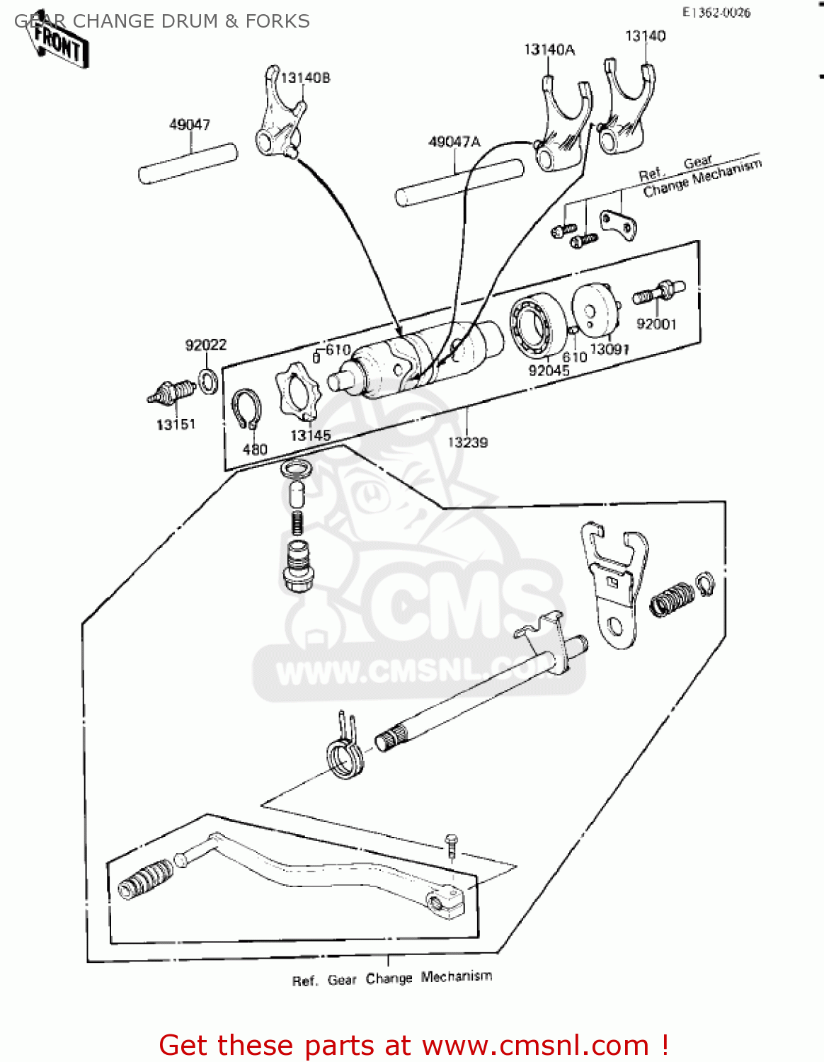 GEAR CHANGE DRUM & FORKS KZ250L1 CSR 1982 USA BELT DRIVE