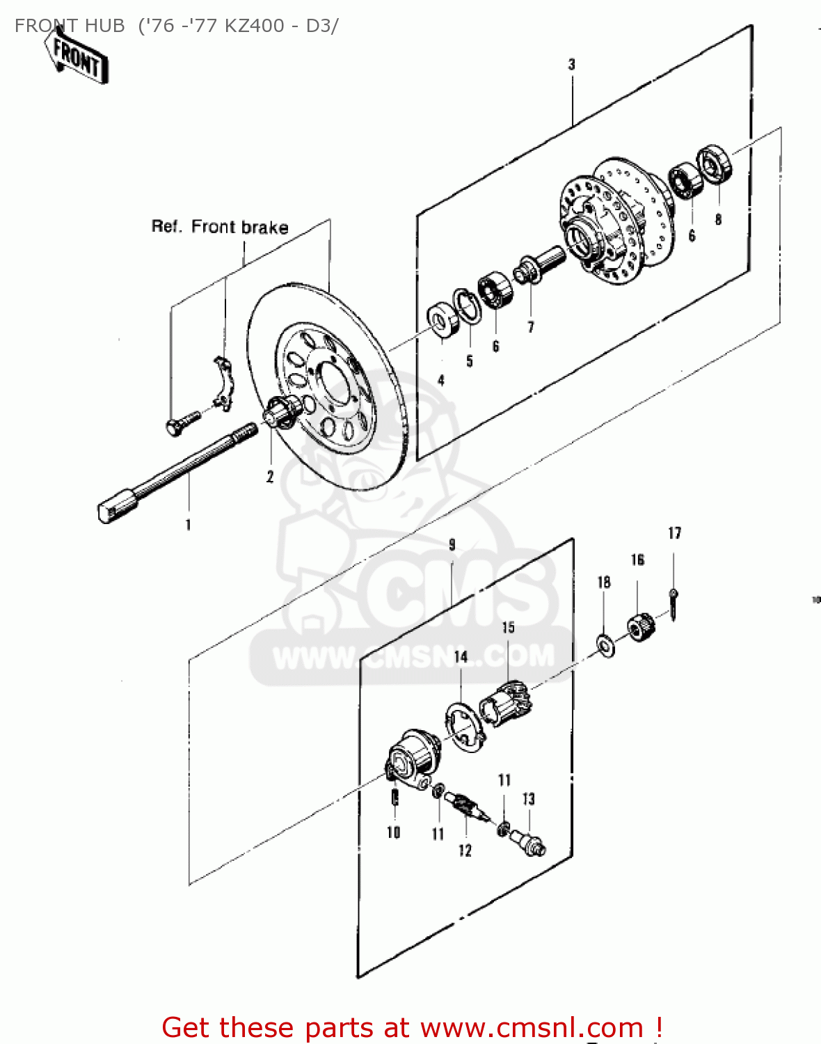 FRONT HUB  ('76 -'77 KZ400 - D3/ KZ400 1974 USA CANADA / MPH KPH