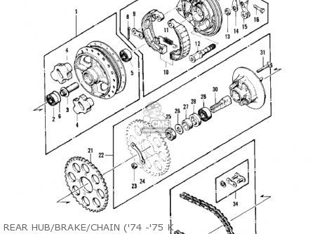 REAR HUB/BRAKE/CHAIN ('74 -'75 K - KZ400 1974 USA CANADA / MPH KPH