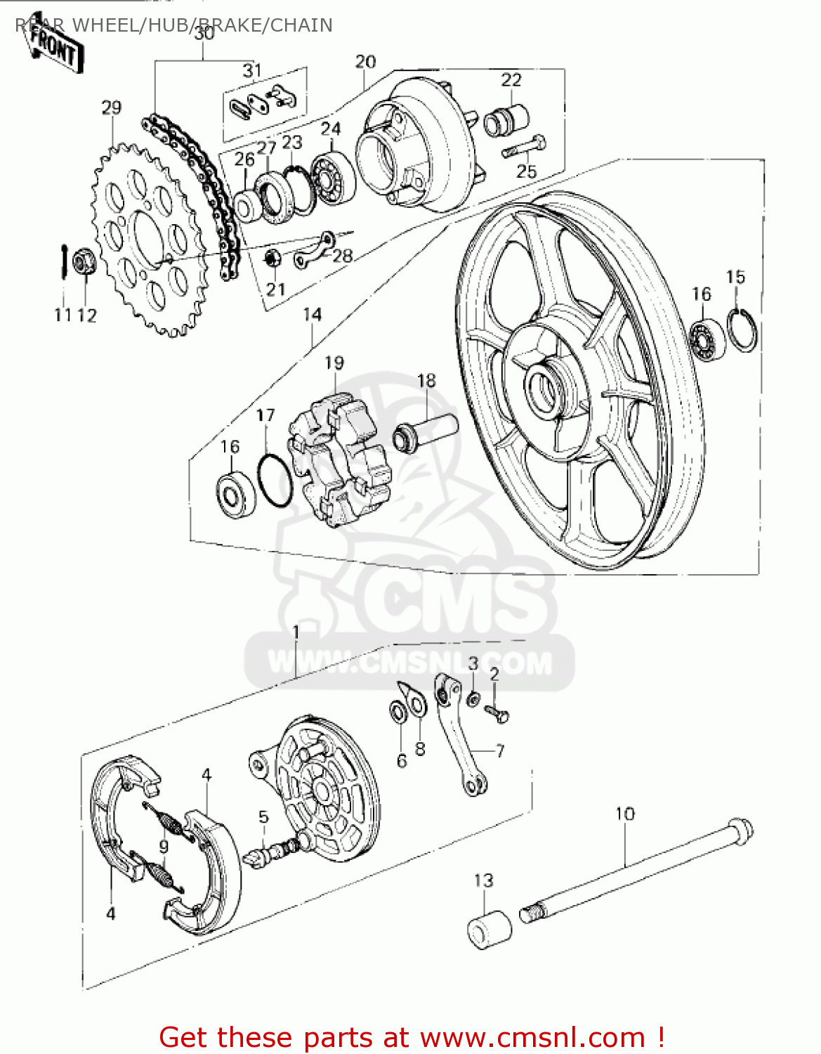 REAR WHEEL/HUB/BRAKE/CHAIN KZ400H1 1979 USA CANADA / MPH KPH