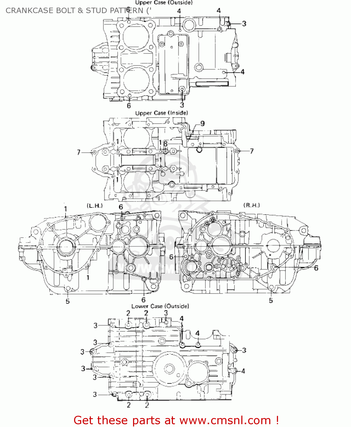 CRANKCASE BOLT & STUD PATTERN (' KZ440D1 LTD 1980 USA CANADA / BELT DRIVE