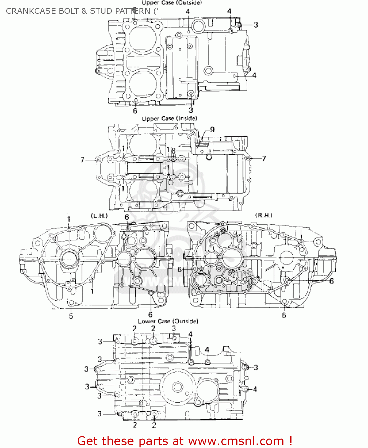 CRANKCASE BOLT & STUD PATTERN (' KZ440D4 LTD 1982 USA CANADA / BELT DRIVE