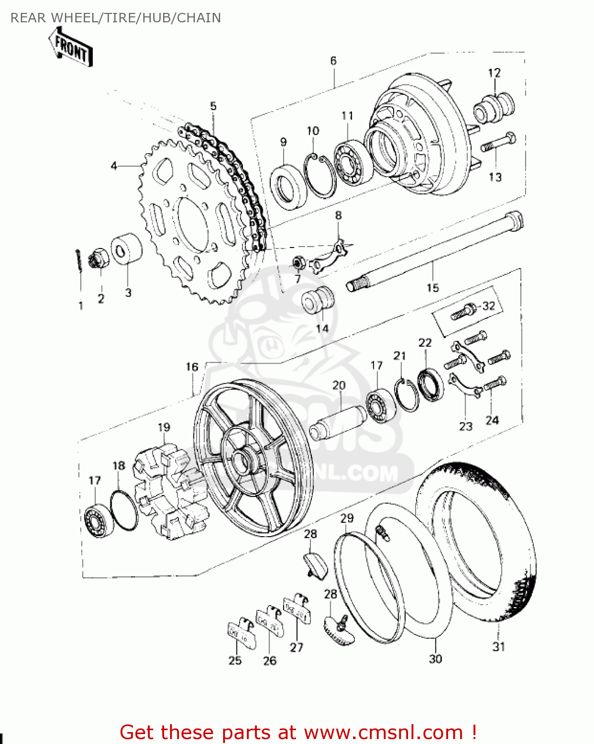 REAR WHEEL/TIRE/HUB/CHAIN KZ650C1 CUSTOM 1977 USA CANADA / MPH KPH