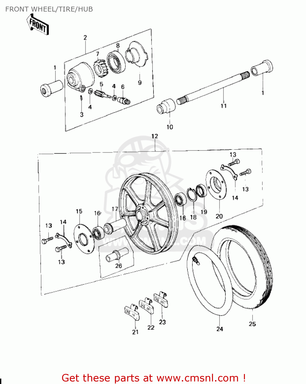 FRONT WHEEL/TIRE/HUB KZ650C3 CUSTOM 1979 USA CANADA / MPH KPH