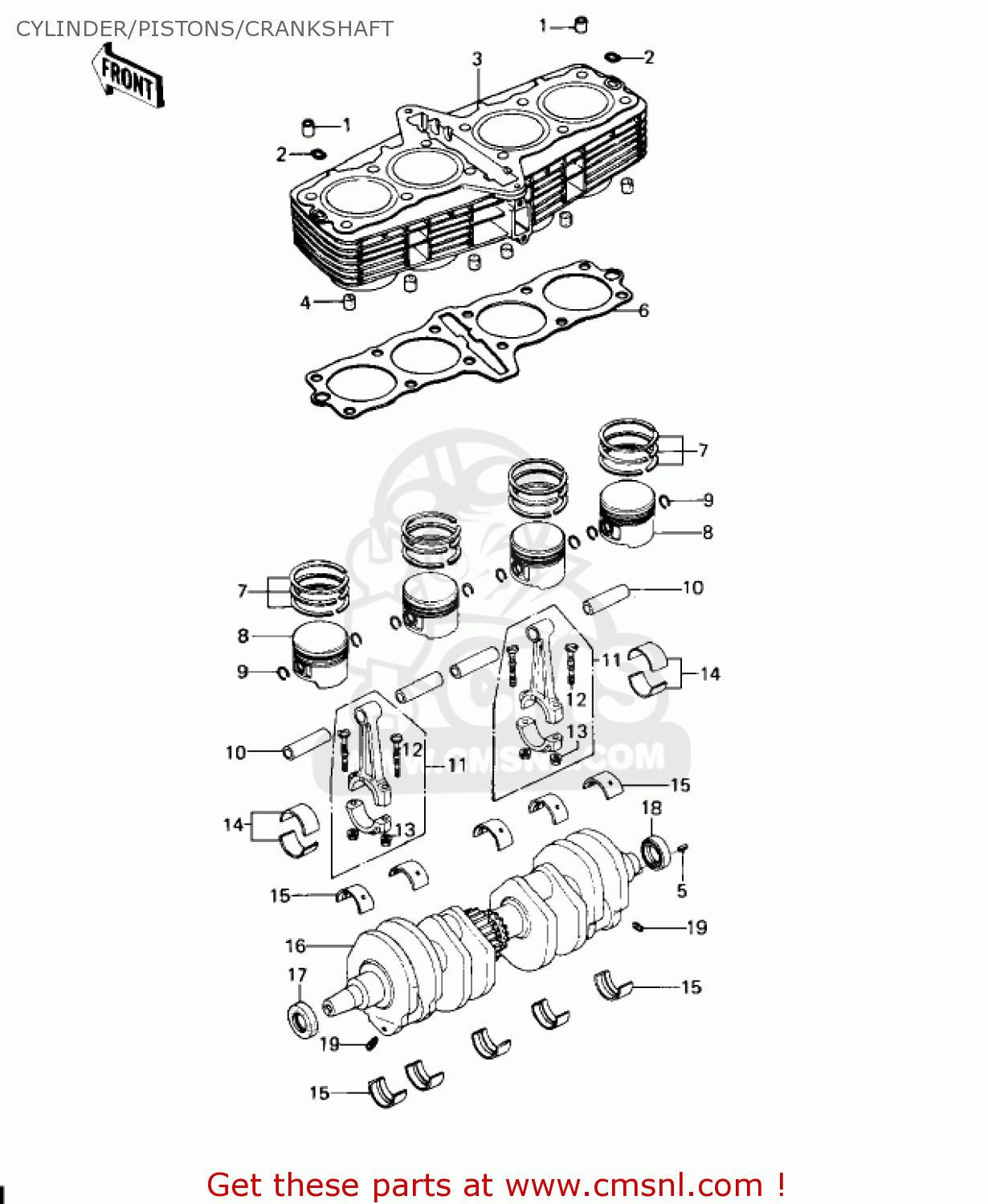 CYLINDER/PISTONS/CRANKSHAFT KZ650D1A SR 1978 USA CANADA