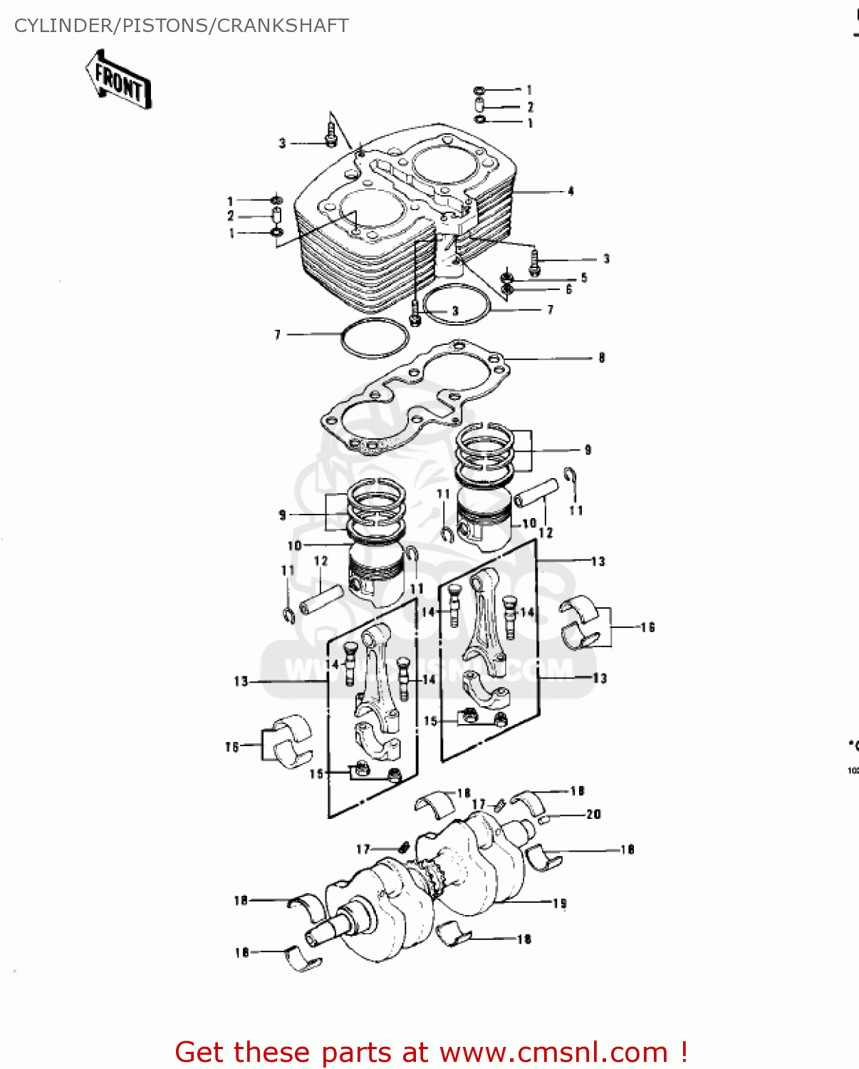 CYLINDER/PISTONS/CRANKSHAFT KZ750B1 1976 USA CANADA / MPH KPH