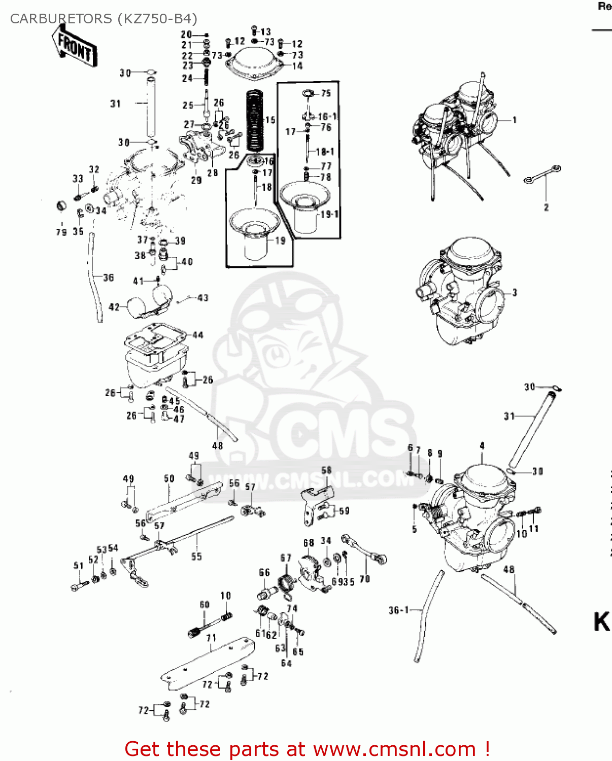CARBURETORS (KZ750-B4) KZ750B2 1977 USA CANADA / MPH KPH