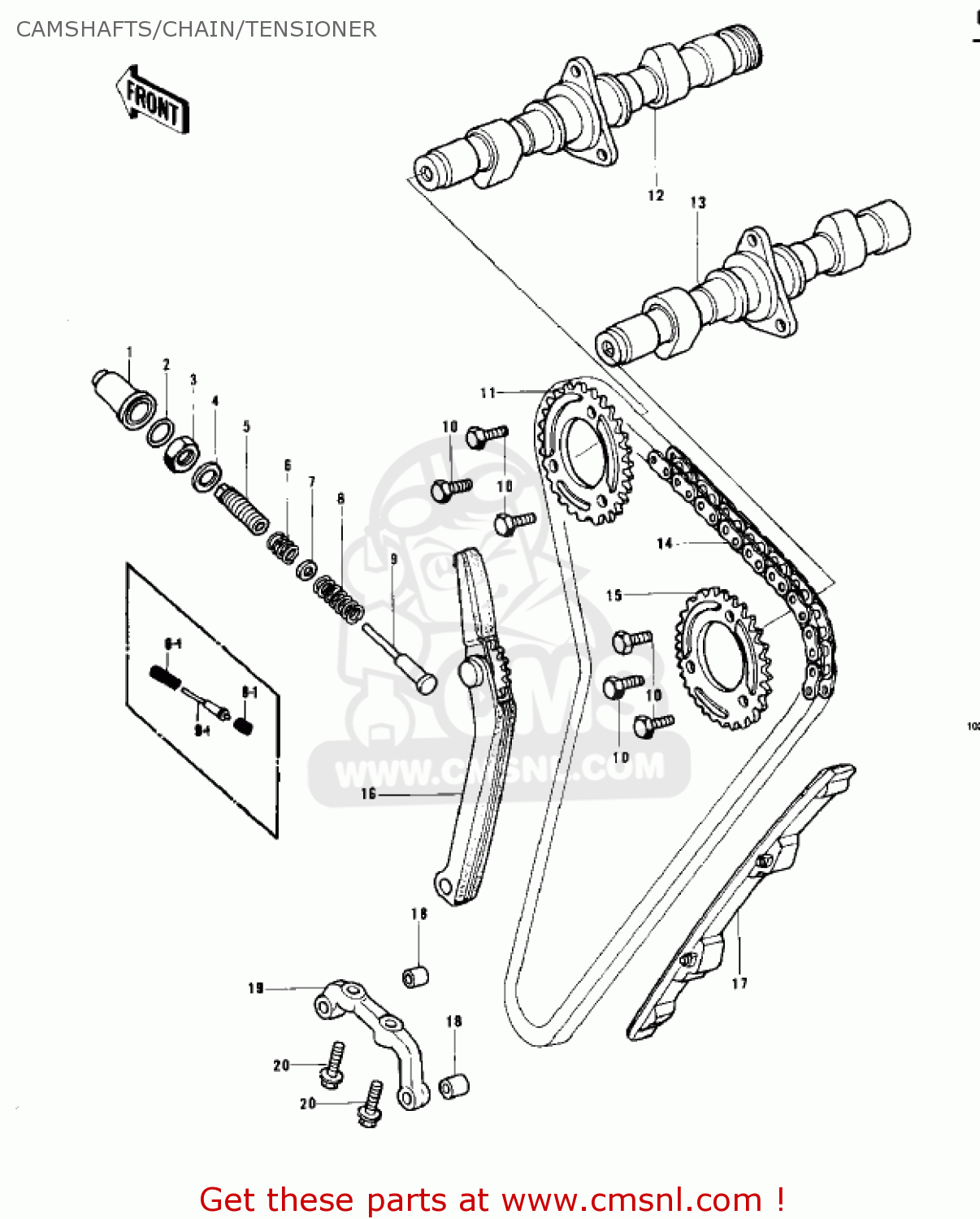CAMSHAFTS/CHAIN/TENSIONER KZ750B3 1978 USA CANADA / MPH KPH