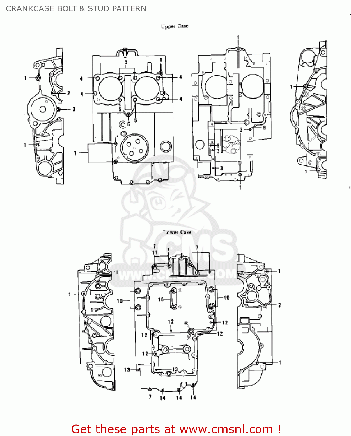 CRANKCASE BOLT & STUD PATTERN KZ750B3 1978 USA CANADA / MPH KPH
