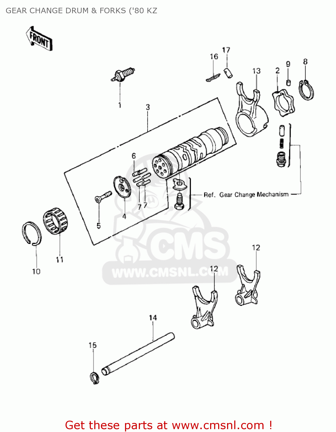 GEAR CHANGE DRUM & FORKS ('80 KZ KZ750E1 1980 USA CANADA