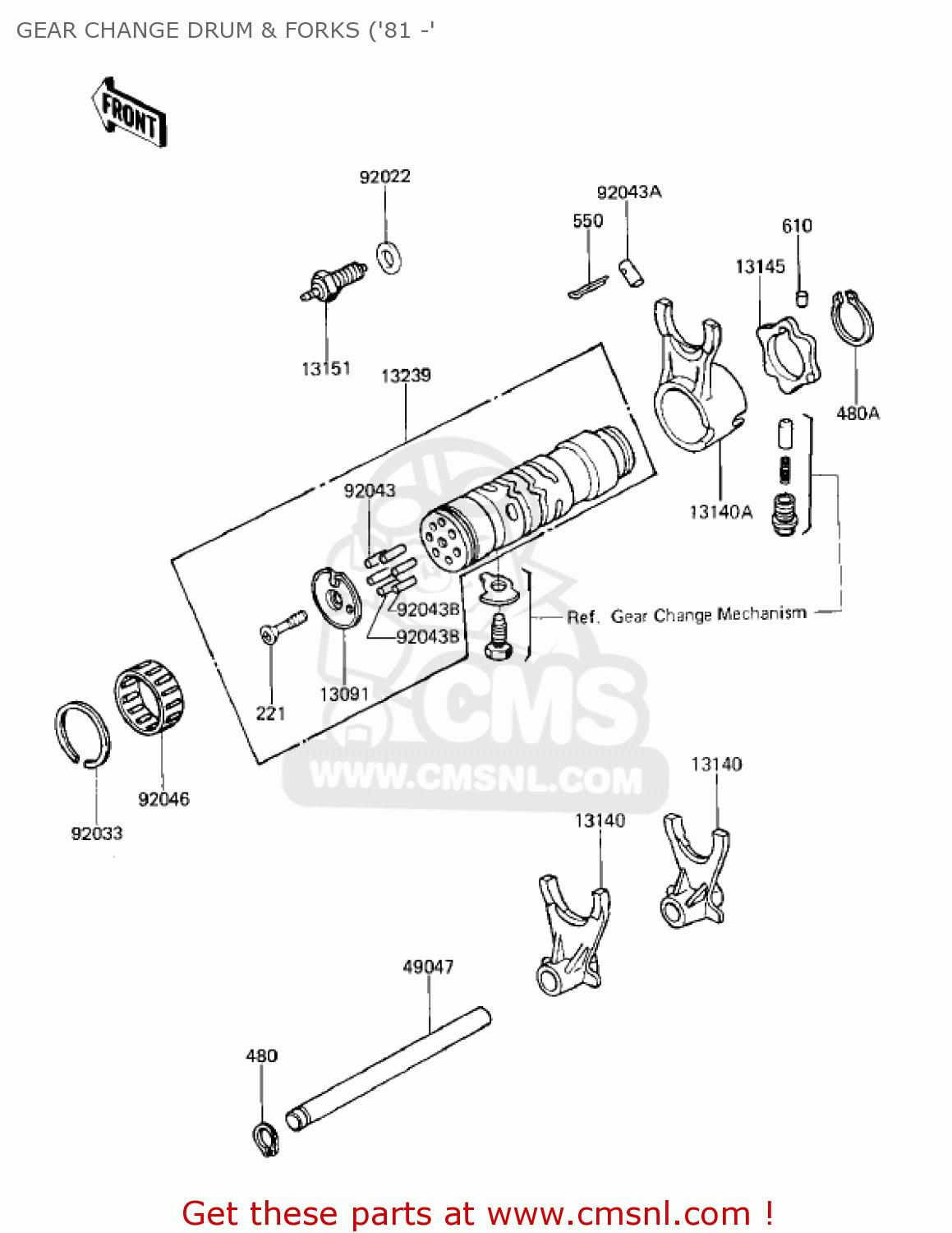GEAR CHANGE DRUM & FORKS ('81 -' KZ750E1 1980 USA CANADA