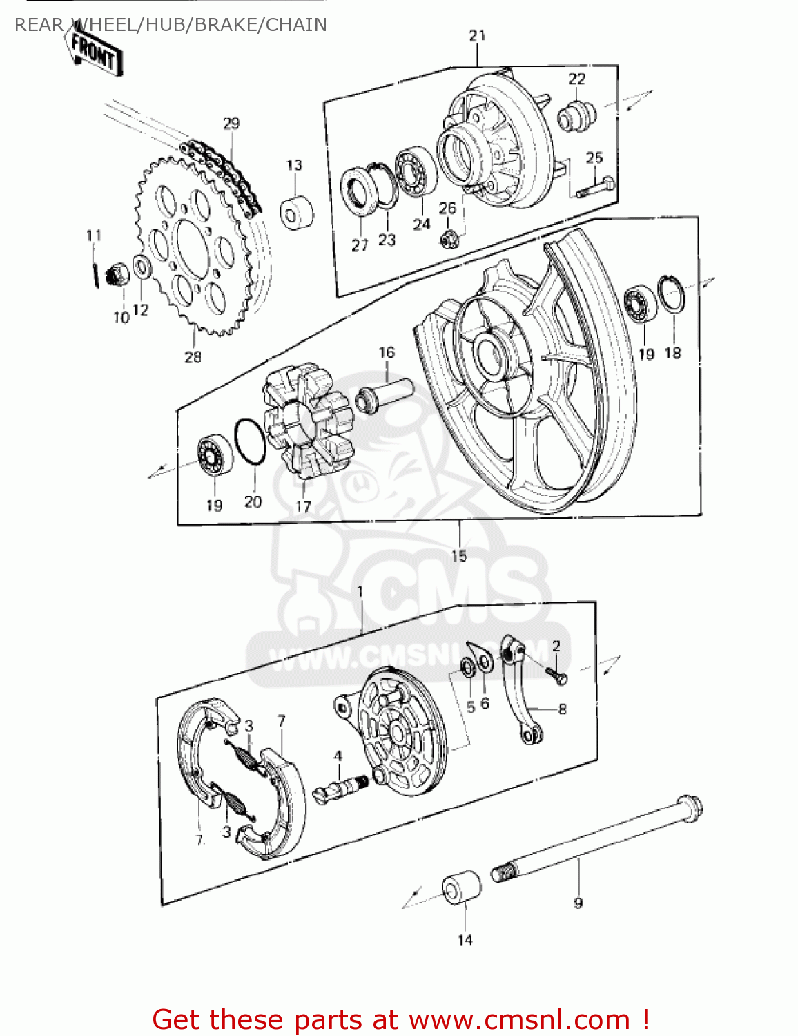 REAR WHEEL/HUB/BRAKE/CHAIN KZ750G1 1980 USA CANADA / LTDII MPH KPH