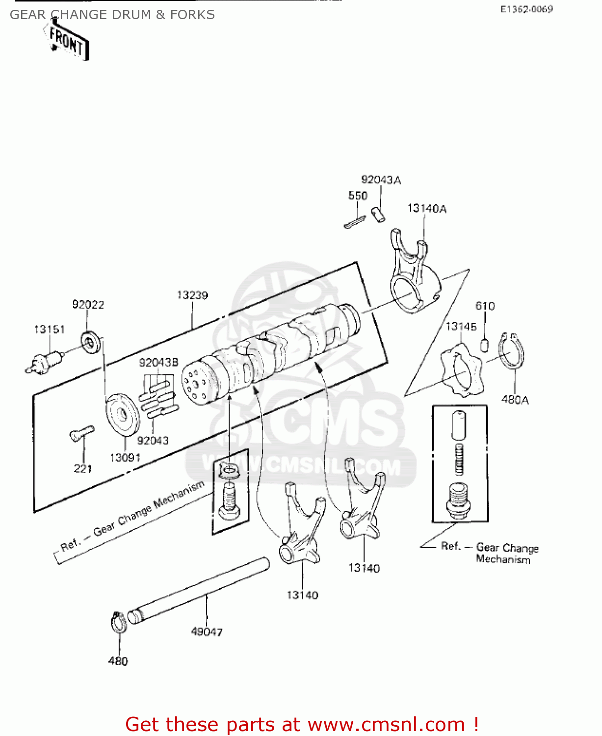 GEAR CHANGE DRUM & FORKS KZ750K1 1983 USA CANADA / LTD BELT DRIVE