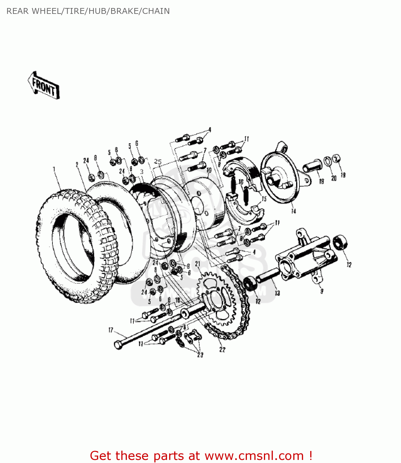 REAR WHEEL/TIRE/HUB/BRAKE/CHAIN MT1A 1972