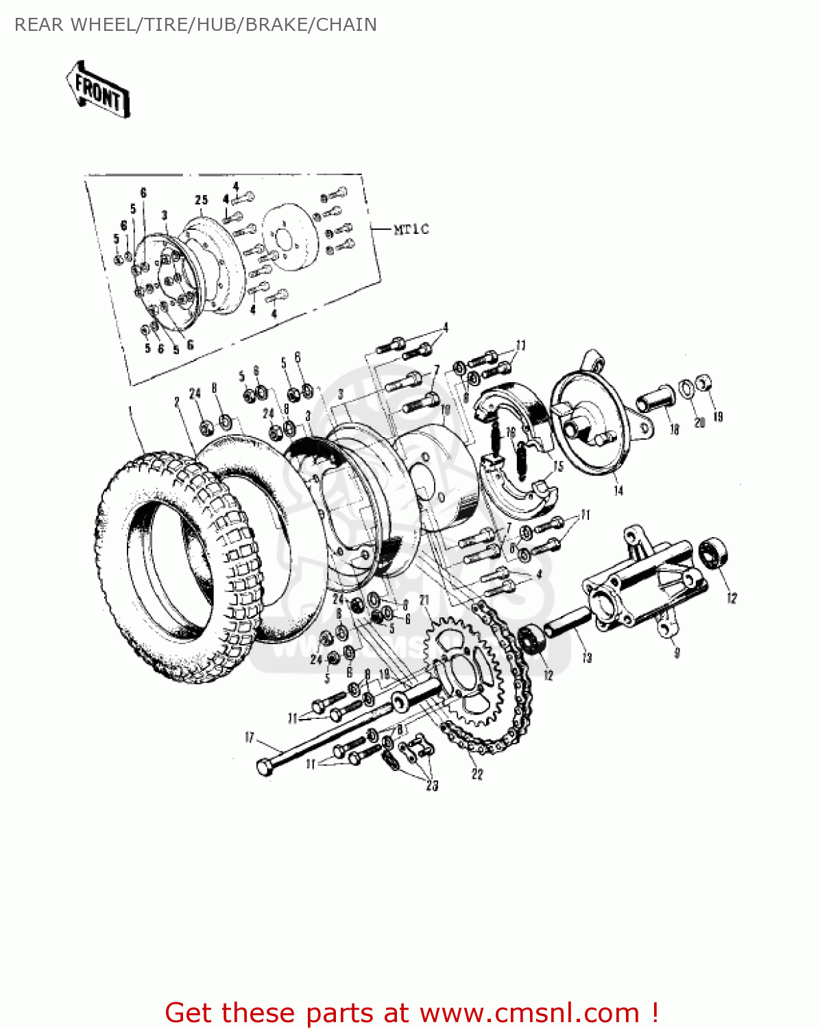 REAR WHEEL/TIRE/HUB/BRAKE/CHAIN MT1A 1972