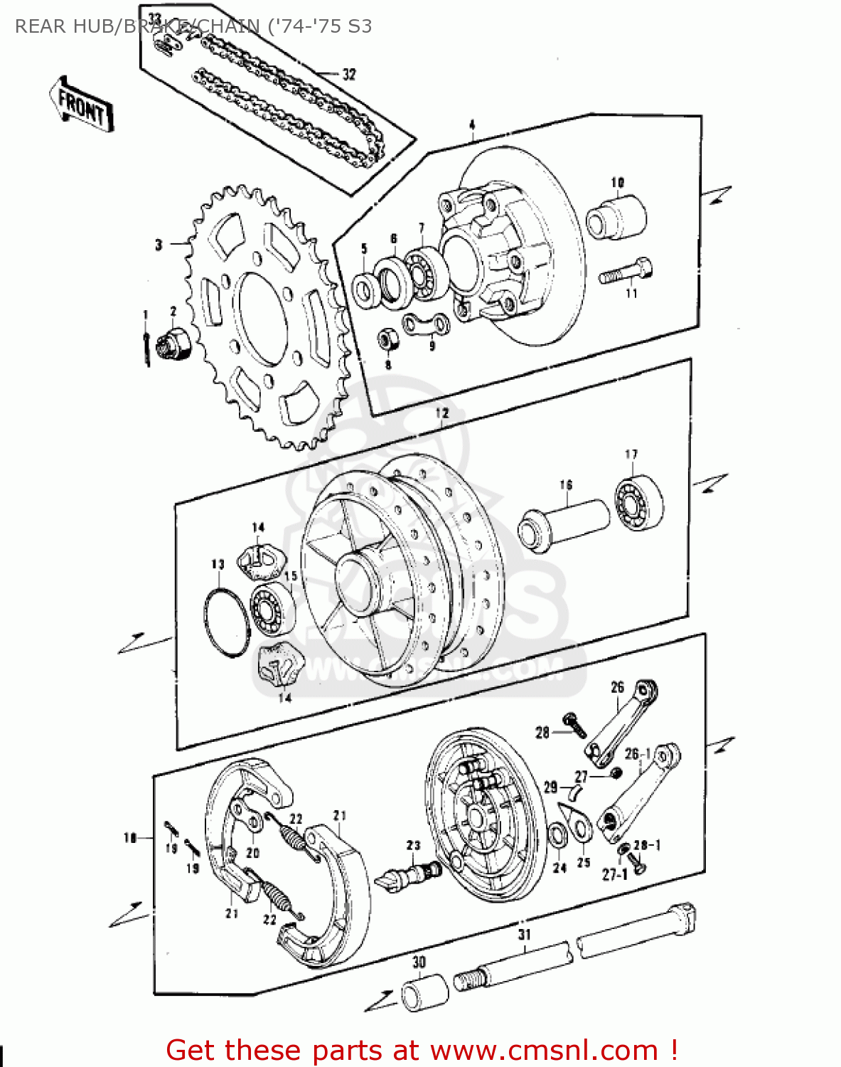 REAR HUB/BRAKE/CHAIN ('74-'75 S3 S3A MACH II 1975 USA CANADA