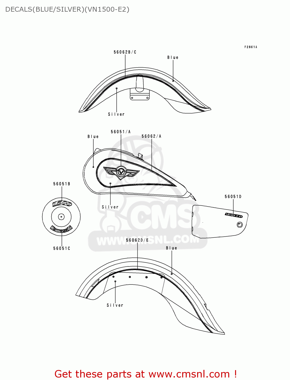 DECALS(BLUE/SILVER)(VN1500-E2) VN1500E2 VULCAN 1500 CLASSIC 1999 USA CALIFORNIA CANADA