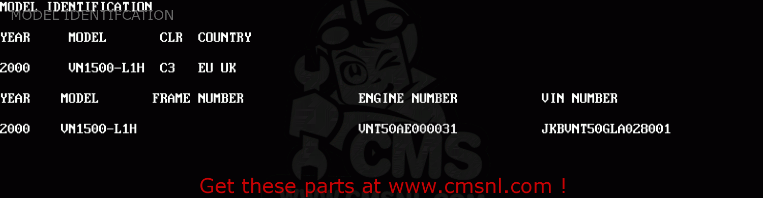 MODEL IDENTIFCATION VN1500L1H VN1500 CLASSIC TOURER FI 2000 EUROPE UK