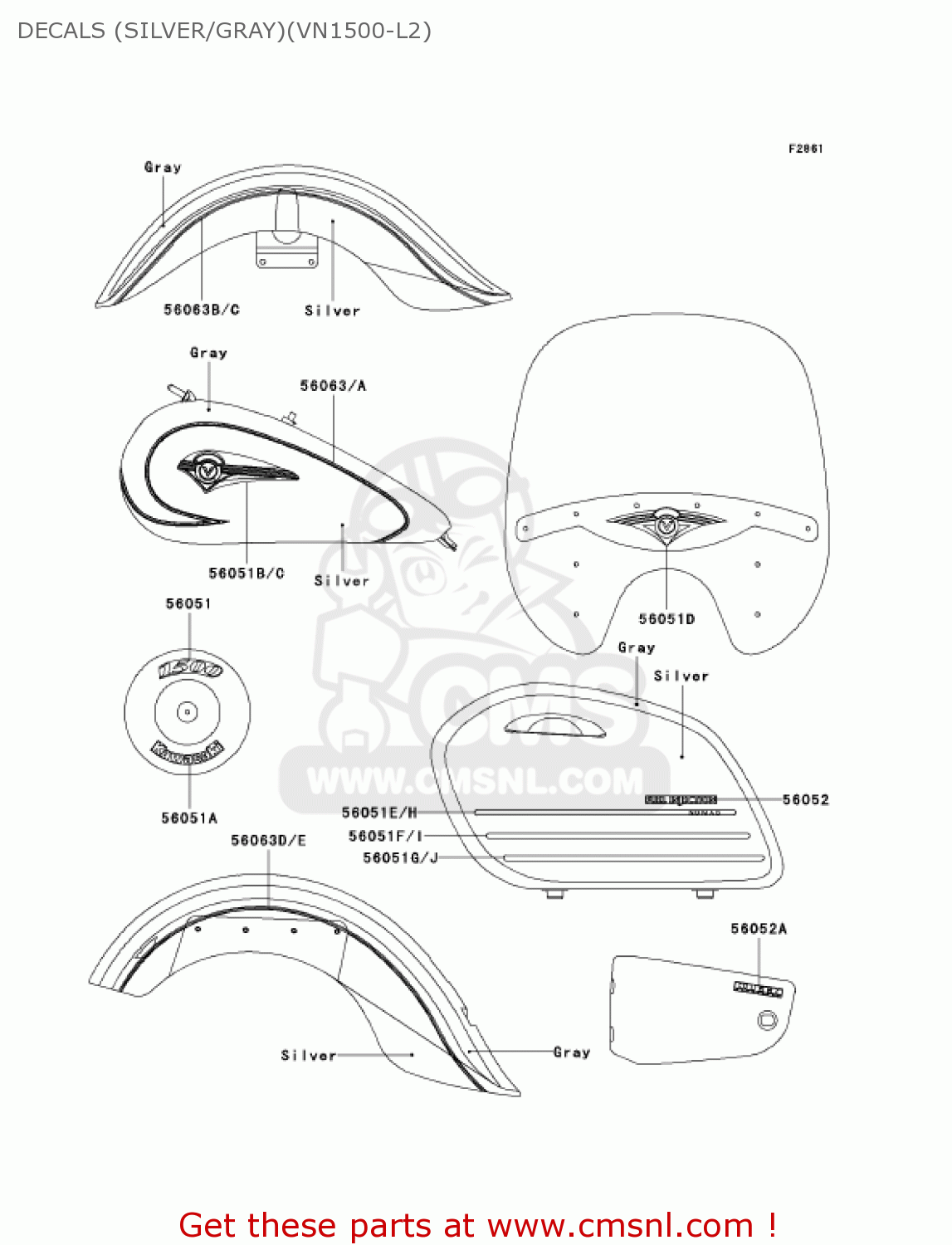 DECALS (SILVER/GRAY)(VN1500-L2) VN1500L2 VULCAN 1500 NOMAD FI 2001 USA CALIFORNIA CANADA