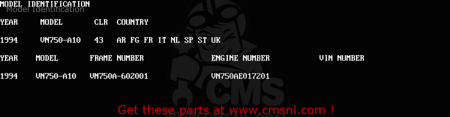 Model Identification VN750A10 VN750 TWIN 1994 UNITED KINGDOM FR NL AR FG IT SP ST