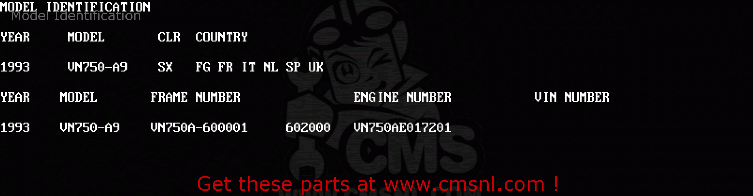 Model Identification VN750A9 VN750 TWIN 1993 UNITED KINGDOM FR NL FG IT SP