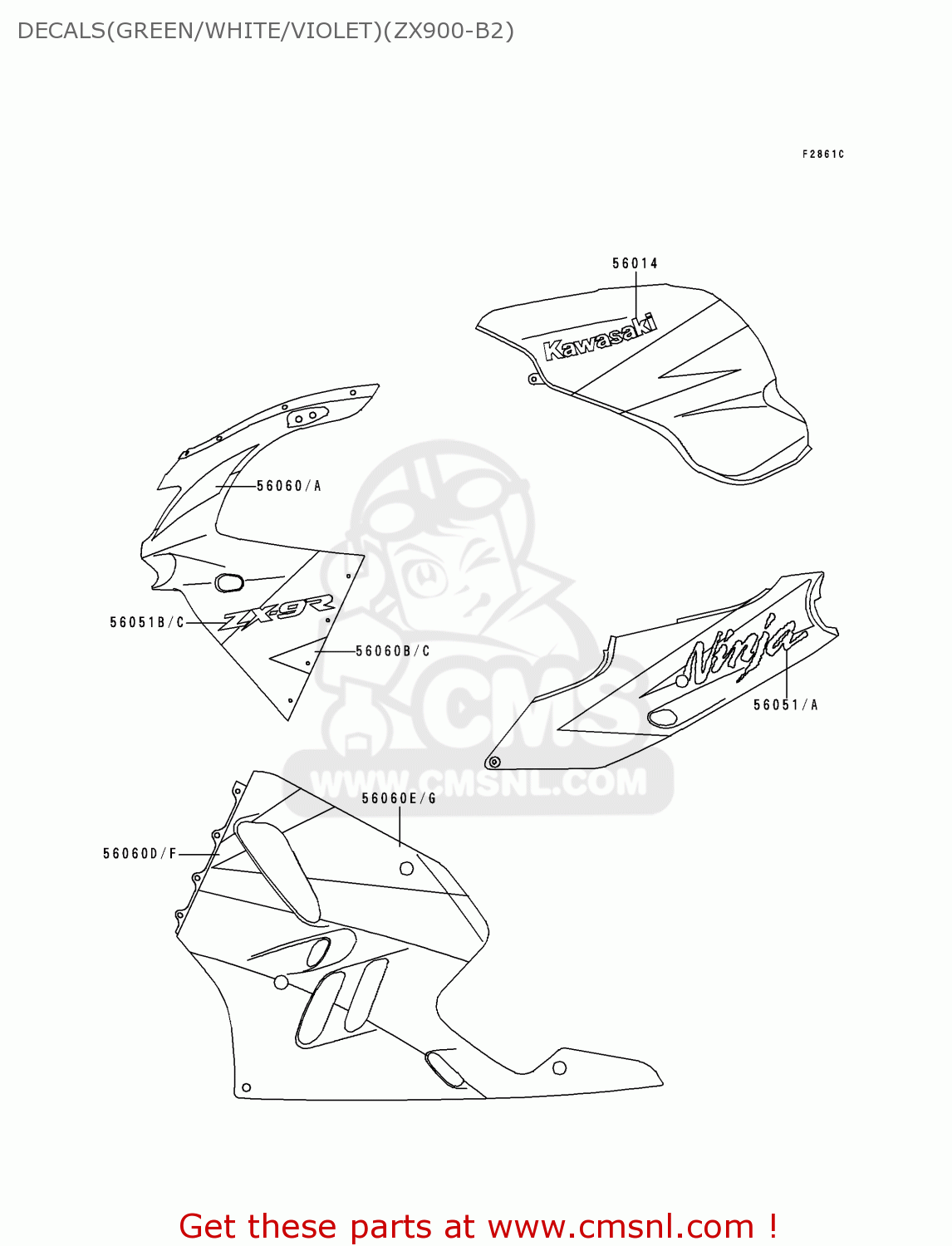 DECALS(GREEN/WHITE/VIOLET)(ZX900-B2) XZ900B2 NINJA ZX9R 1995 USA CALIFORNIA CANADA