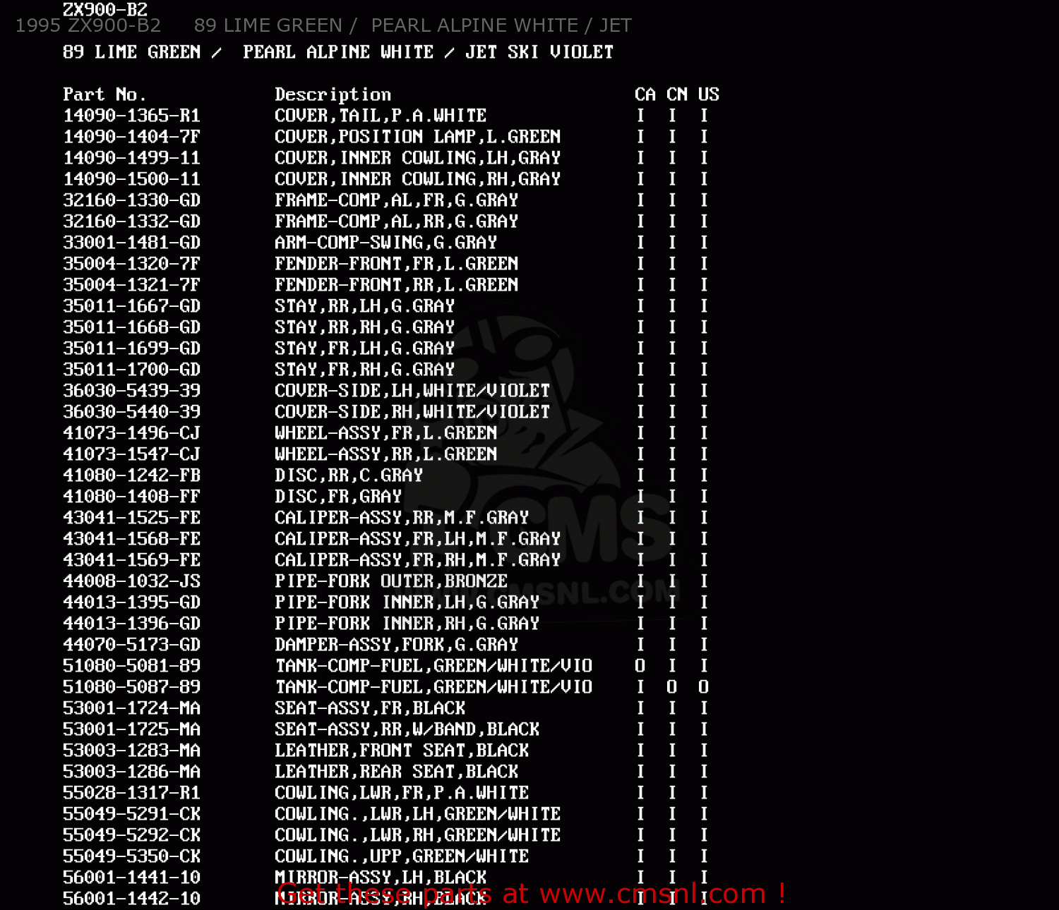 1995 ZX900-B2     89 LIME GREEN /  PEARL ALPINE WHITE / JET XZ900B2 NINJA ZX9R 1995 USA CALIFORNIA CANADA
