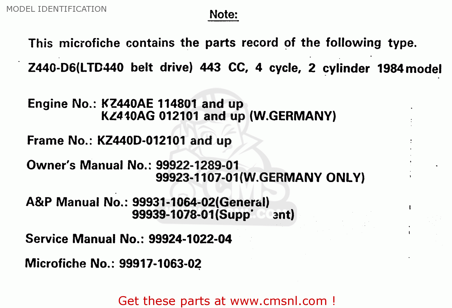 MODEL IDENTIFICATION Z440D6 1984 EUROPE UK SD WG