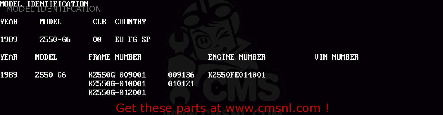 MODEL IDENTIFCATION Z550G6 GT550 1989 EUROPE FG SP