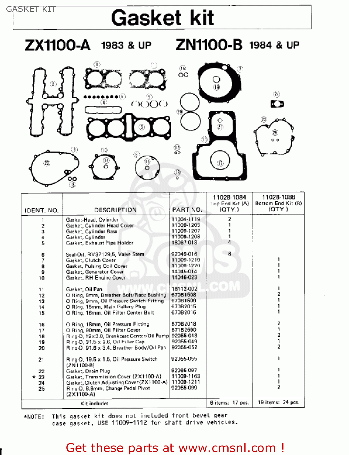 GASKET KIT ZN1100B2 SHAFT 1985 USA CALIFORNIA CANADA / LTD