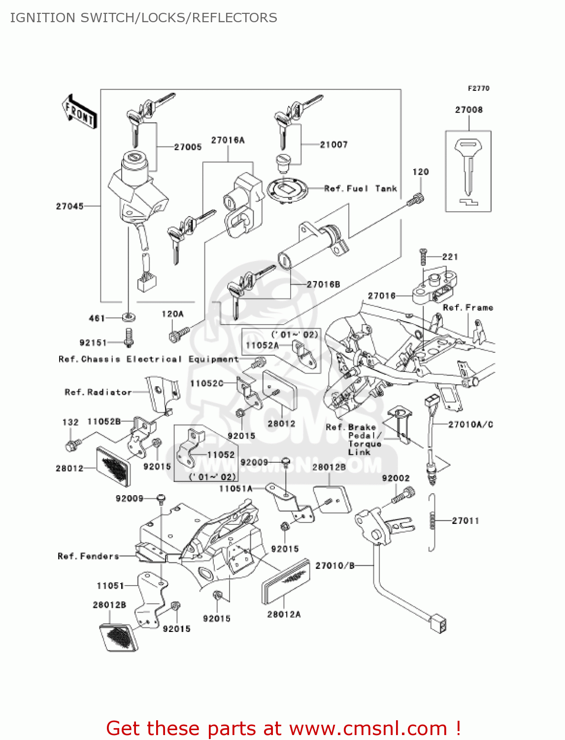 IGNITION SWITCH/LOCKS/REFLECTORS ZR1200A1 ZRX1200R 2001 USA CALIFORNIA CANADA