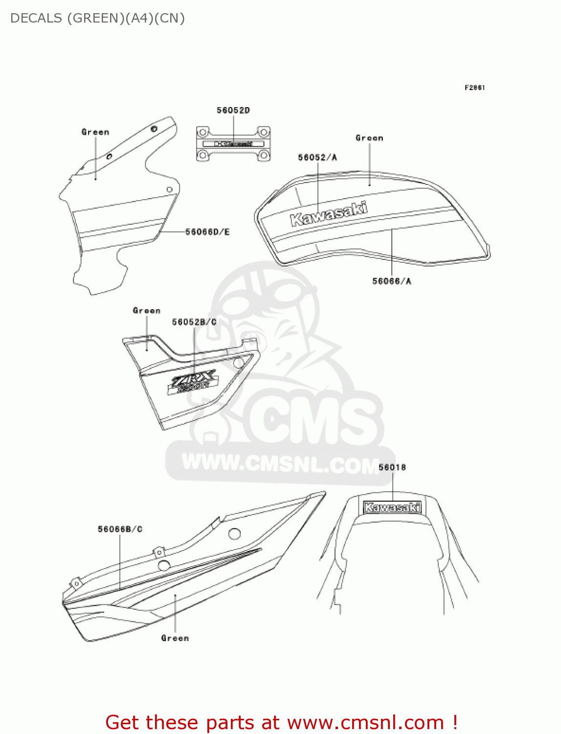 DECALS (GREEN)(A4)(CN) ZR1200A4 ZRX1200R 2004 USA CALIFORNIA CANADA