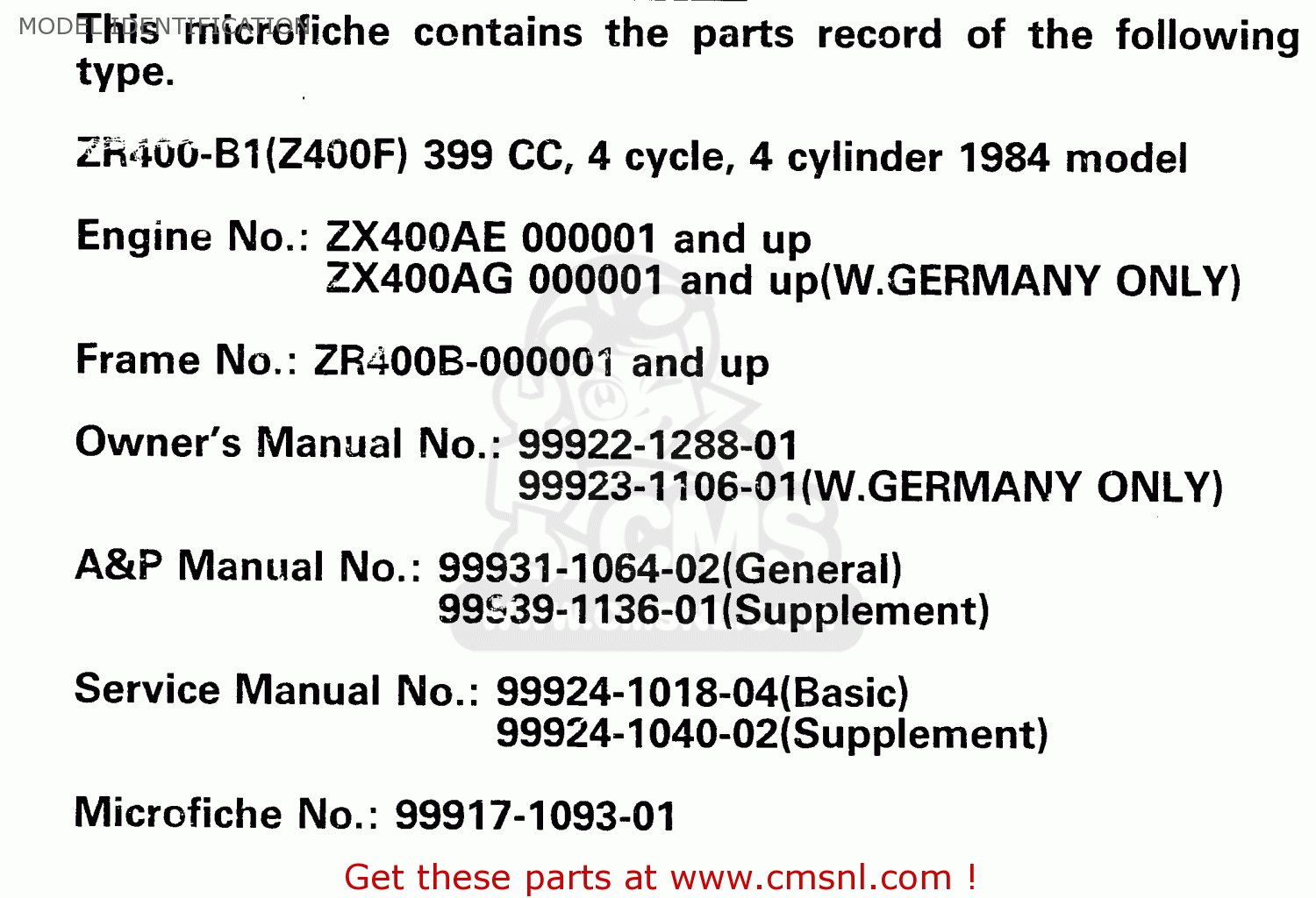 MODEL IDENTIFICATION ZR400B1 1984 EUROPE UK FR IT WG
