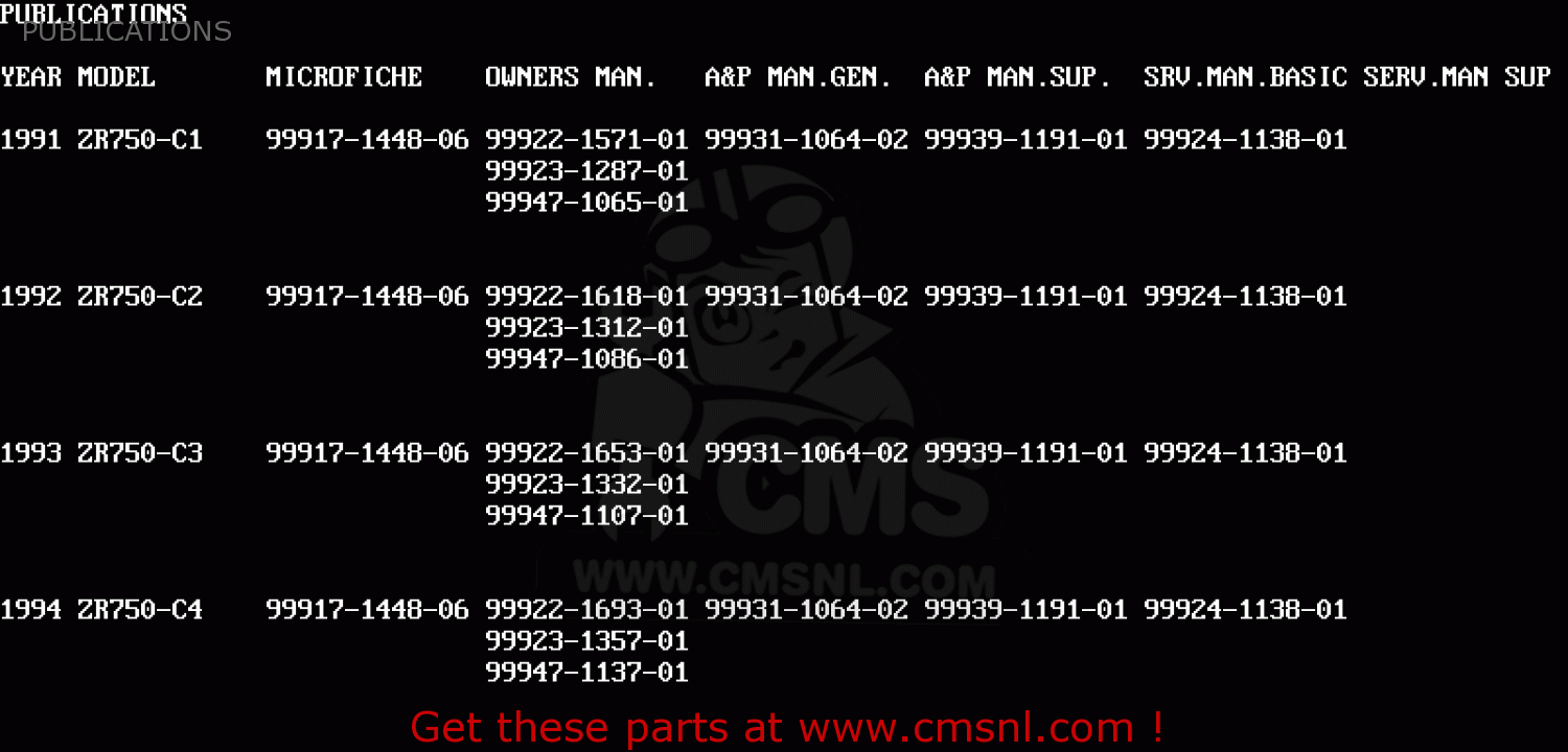 PUBLICATIONS ZR750C4 ZEPHYR 750 1994 EUROPE UK FR AR FG GR NR SP ST